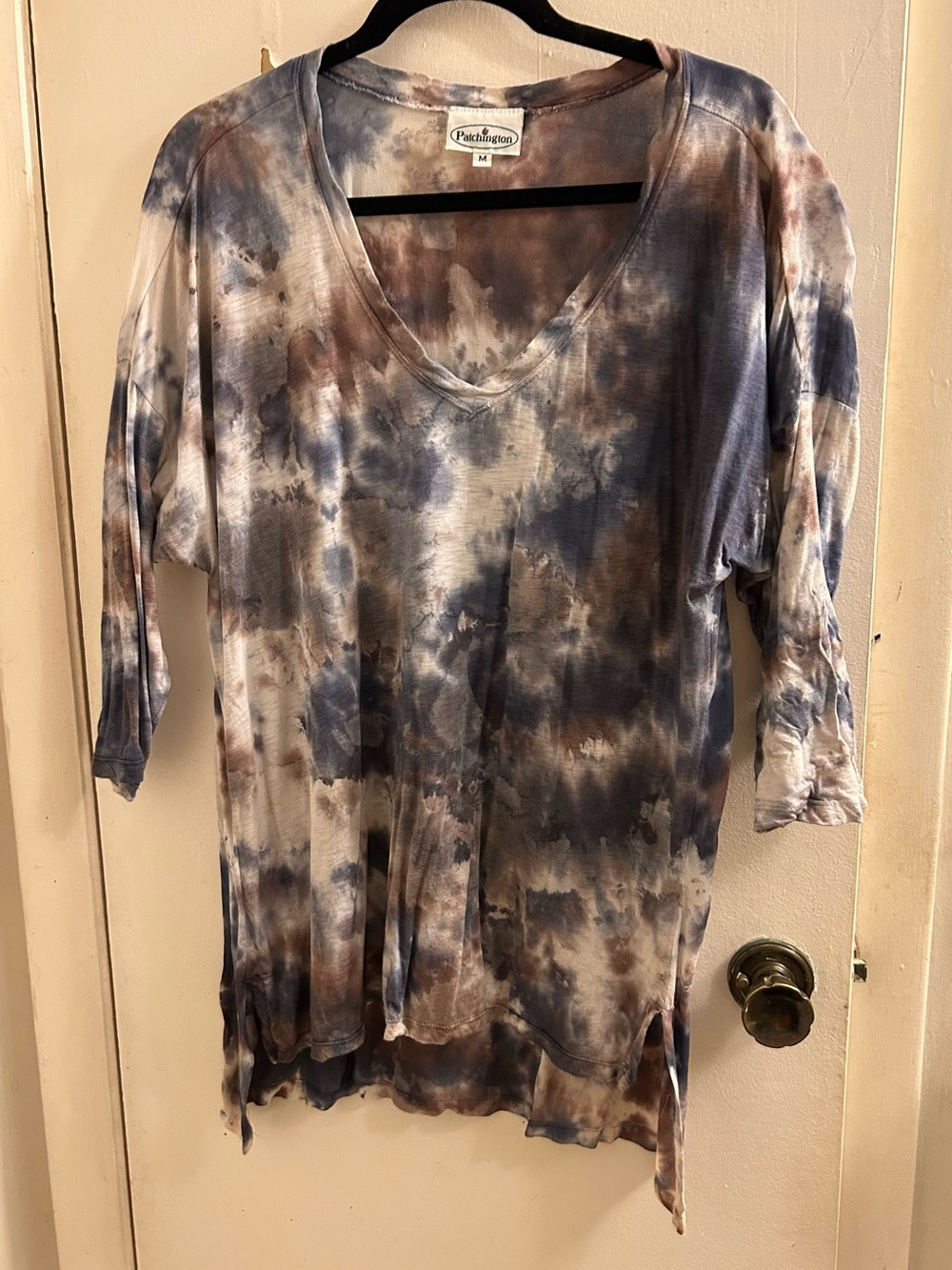 Patchington Tie-Dye V-Neck Tunic Top - Blue, Brown & Cream